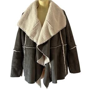 Women’s Gray Faux Suede Sherpa Jacket Fall Winter Coat Cute Fuzzy Cozy Size S